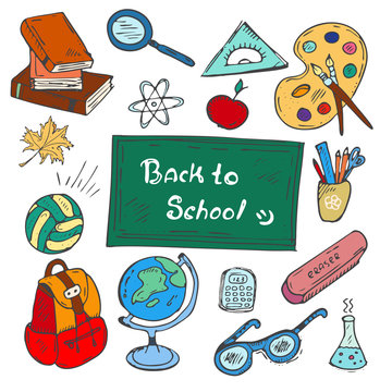 Colorful "Back to school" hand-drawn doodle set on white background. Multicolored vector illustrations of school supplies. Icons for classrooms, websites and mobile.