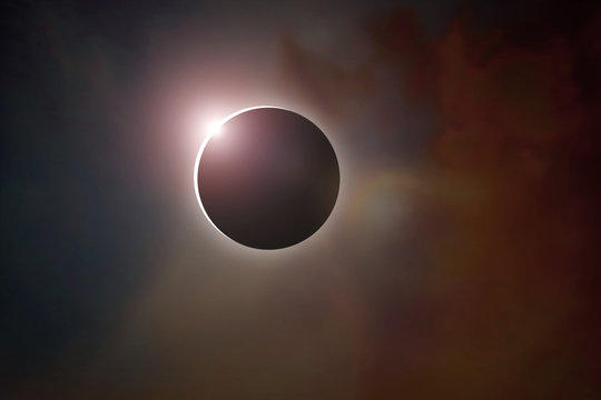 Scientific background, astronomical phenomenon - full solar sun eclipse. Earth Day concept.