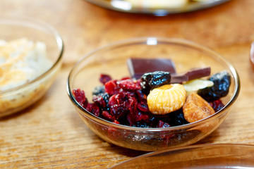 beautiful arrangement of healthy life style vegetarian breakfast on wooden table.