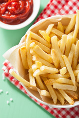 french fries with ketchup over green background