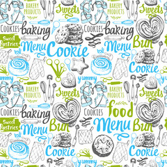 Seamless background with sweet pastries symbols.