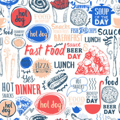 Seamless background with fastfood symbols. Menu pattern. 
