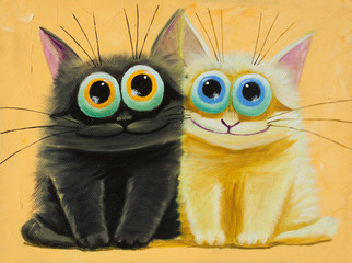 Naklejki  oryginalny obraz na płótnie przedstawiający biało-czarne śmieszne koty o dużych oczach, radości i wesołym nastroju, część kolekcji.