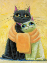 Naklejki  oryginalny obraz na płótnie przedstawiający biało-czarne śmieszne koty o dużych oczach, radości i wesołym nastroju, część kolekcji.