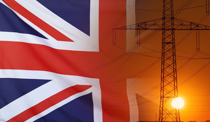 Energy Concept Great Britain Flag with sunset power pole