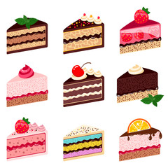 Colorful sweet cakes slices pieces isolated on white background. Set of cakes. Vector illustration