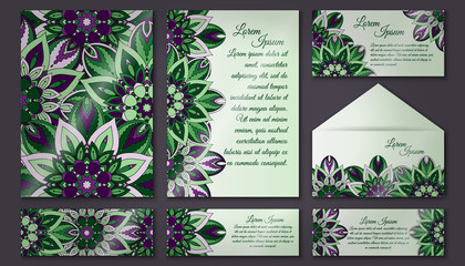 Vector vintage invitation card set. Floral mandala pattern and ornaments. Oriental design Layout. Islam, Arabic, Indian, ottoman motifs.