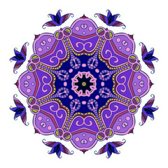 Hand-drawn colorful mandala, lace ornament purple round pattern, vintage decorative element, isolated, EPS 8