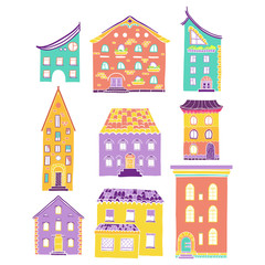 Set of color doodle houses, collection of hand-drawn bright sketch buildings, isolated, EPS 8