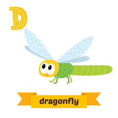 Dragonfly. D letter. Cute children animal alphabet in vector. Fu