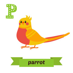 Parrot. P letter. Cute children animal alphabet in vector. Funny