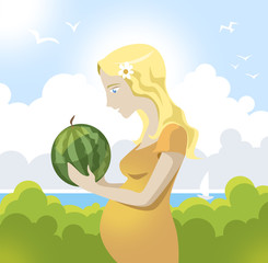 Pregnant woman with watermelon. 