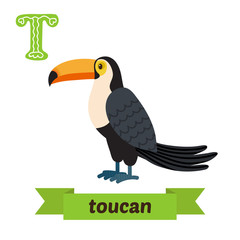 Toucan. T letter. Cute children animal alphabet in vector. Funny