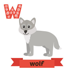 Wolf. W letter. Cute children animal alphabet in vector. Funny c
