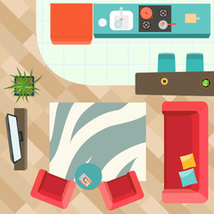 Living room with furniture top view. Studio Apartment. Flat style vector illustration.