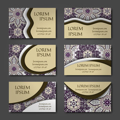 Vector vintage visiting card set. Floral mandala pattern and ornaments. Islam, Arabic, Indian, ottoman motifs.