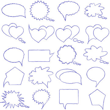 Speech, conversation, thoughts blank template. Romantic chat. Set of isolated elements of dialogue drawn pen on a white background. Collection bubbles messages. Vector illustration.
