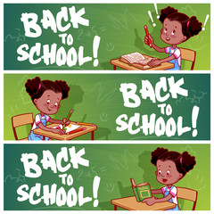 Three horizontal banners with schoolgirl.