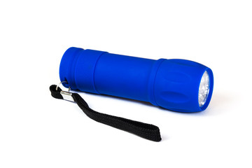 LED flashlight. The casing made of blue plastic. Isolated on white background with shadow.