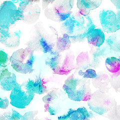 Fototapeta na wymiar Watercolor paint circles and spots of paint flow. Delicate pink, turquoise and pastel blue background with artistic texture. 