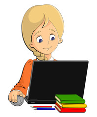 Schoolgirl sitting at the table and working on a laptop.