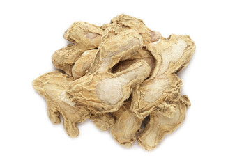 Organic dry Ginger root or Sonth (Zingiber officinale) isolated on white background. Macro close...