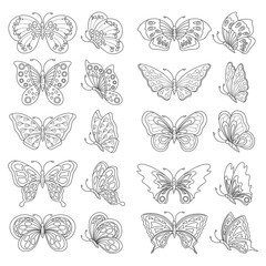 Set of black and white butterflies, vector illustration.
