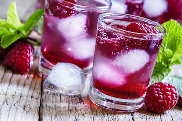 Raspberry fizzy drink, selective focus