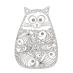 Cat and fish. Cute vector hand drawn cat with fish in stomach. Doodle cat for kids design. Isolated. Black and white colors. Fun cat for coloring book. Contour drawing. - 115066714