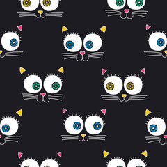 Cat face. Vector seamless pattern with cats faces. Cute kitten background for children. On black background.