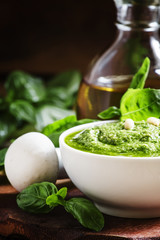 Pesto in bowl, selective focus