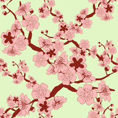 Fototapety  bezszwowa płytka w stylu japońskim z gałązkami wiśni i wzorem kwiatów w kolorze czerwonym, różowym i miękkim zielonym