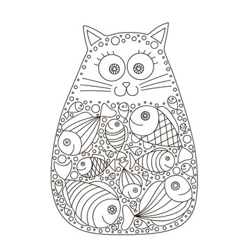 Cat and fish. Cute vector hand drawn cat with fish in stomach. Doodle cat for kids design. Isolated. Black and white colors. Fun cat for coloring book. Contour drawing.
