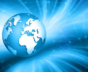 Best Internet Concept of global business. Globe, glowing lines on technological background. Electronics, Wi-Fi, rays, symbols Internet, television, mobile and satellite communicationsblue blur