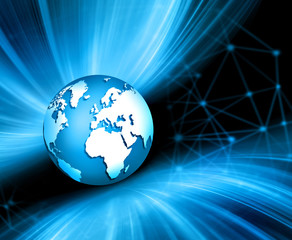 Best Internet Concept of global business. Globe, glowing lines on technological background. Electronics, Wi-Fi, rays, symbols Internet, television, mobile and satellite communicationsblue blur