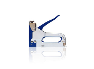 metal construction stapler isolated on white background with reflection