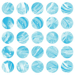 Watercolor blue marble circles isolated over white.