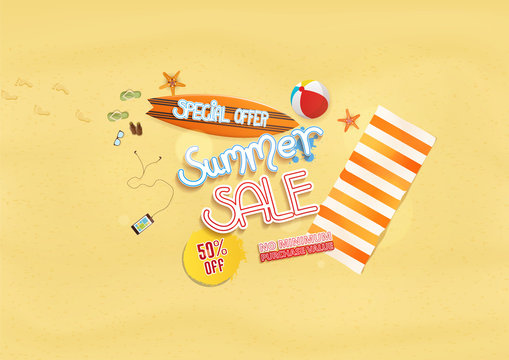 Summer sale background design with beach elements. Vector illustration

