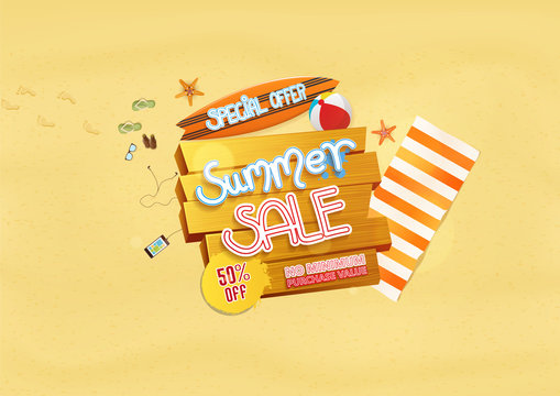 Summer sale background design with beach elements. Vector illustration

