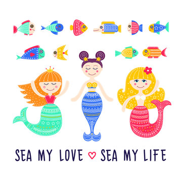 Vector set of sea life. Mermaid cartoon girls, fish. Sea my love. Hand drawn flat mermaid with doodle ornament. Isolated.