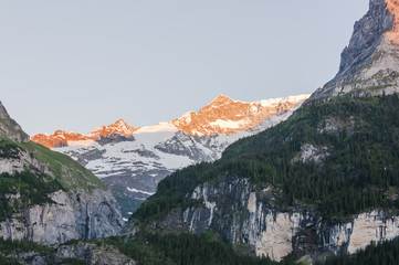 Fototapeta na wymiar Grindelwald, Alpen, Berner Oberland, Eiger, Fiescherhörner, Gletscher, Grindelwaldgletscher, Abendstimmung, Schweizer Berge, Sommer, Schweiz