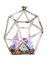 Illustration of florarium with watercolor succulents and cuctuses inside, hand drawn isolated on a white background