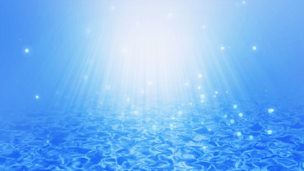 Underwater wave background with water bubbles and sun rays beam.
