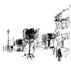 Hand drawn vector sketch. Ink illustration. Urban landscape, trees, street, people.