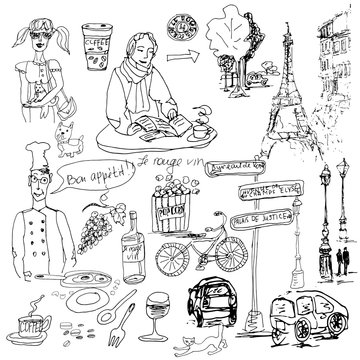 Hand drawn vector sketch. Ink illustration. Paris elements.