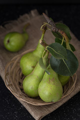 Green organic pears in basket on cloth closeup background, dark photography.