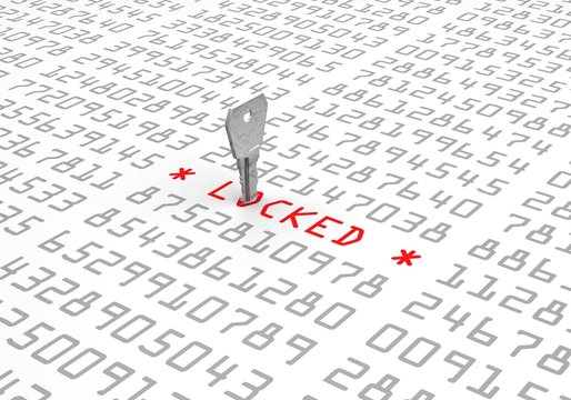 Locked word text on binary code red key computer