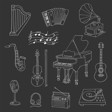 Music icon set vector illustrations hand drawn doodle. Musical instruments and symbols piano, guitar, accordion, gramophone, saxophone, violin, music notes, microphone, headphones, record player.