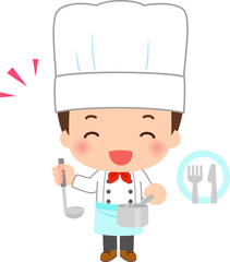 鍋を持っているコックコートを着た男性