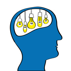 Vector drawing of a human head in profile with the brain full of yellow light bulbs as a metaphor for ideas and inspiration